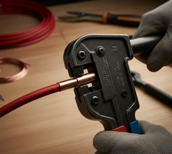 Herramienta crimpadora prensando un terminal de ojo de cobre en un cable eléctrico de gran sección para conectar un inversor