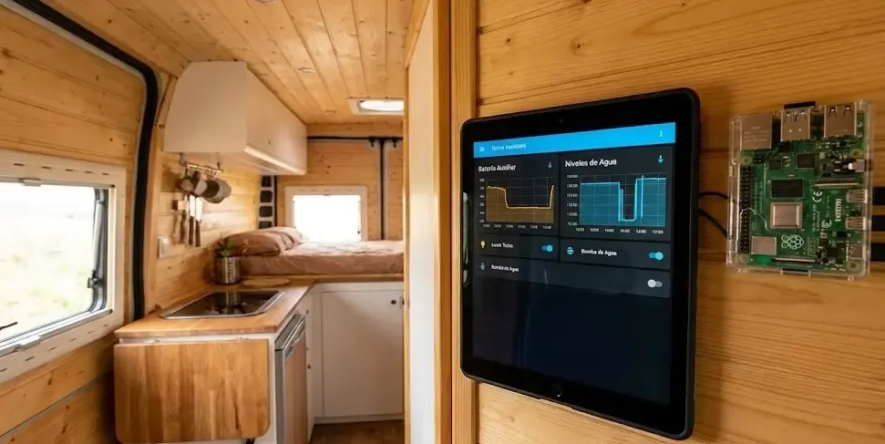 Fotografía del interior de una furgoneta camper moderna. En la pared de madera hay una tablet colgada ejecutando un dashboard de Home Assistant con gráficas de consumo de batería y niveles de agua. Al lado, se ve una placa Raspberry Pi conectada, actuando como el cerebro del sistema.