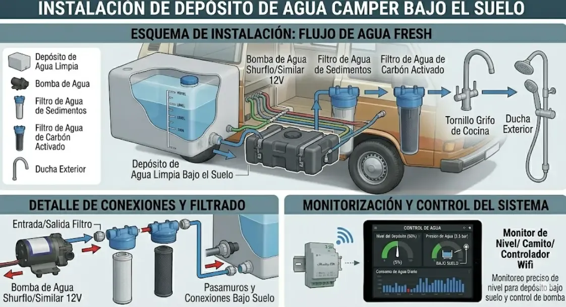 Depósito de agua camper instalado bajo el suelo de la furgoneta