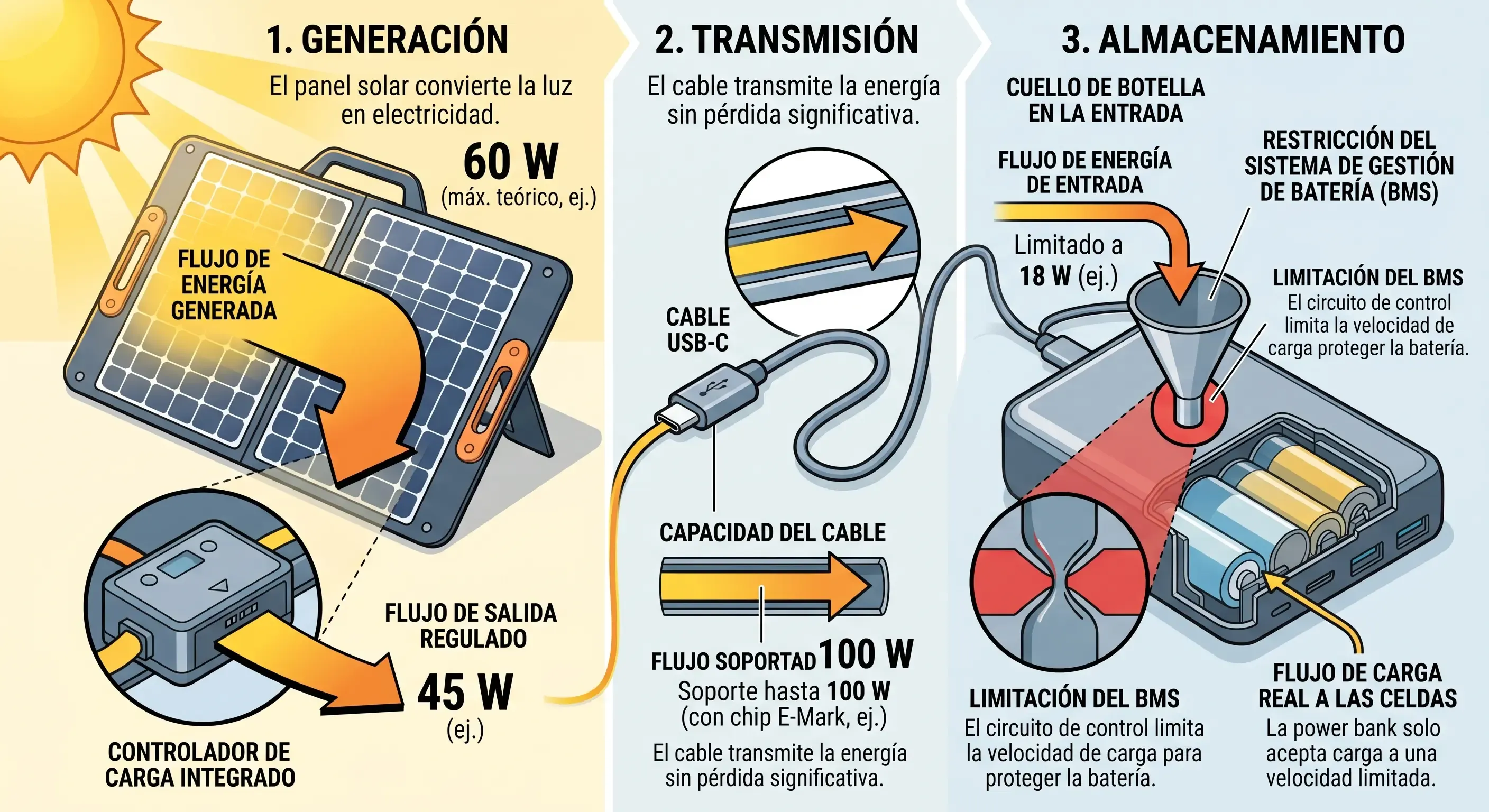 Diagrama del flujo de energía: panel solar → cable USB-C → power bank, mostrando el cuello de botella en la entrada del power bank