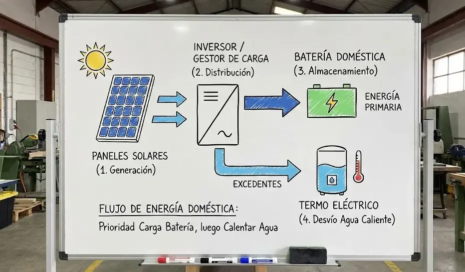 Gráfico explicativo de flujo de energía: Paneles a Batería y desvío de excedentes a termo eléctrico