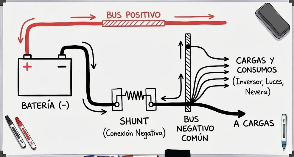 Esquema sencillo de cómo conectar un Shunt en el negativo de la batería antes de las cargas