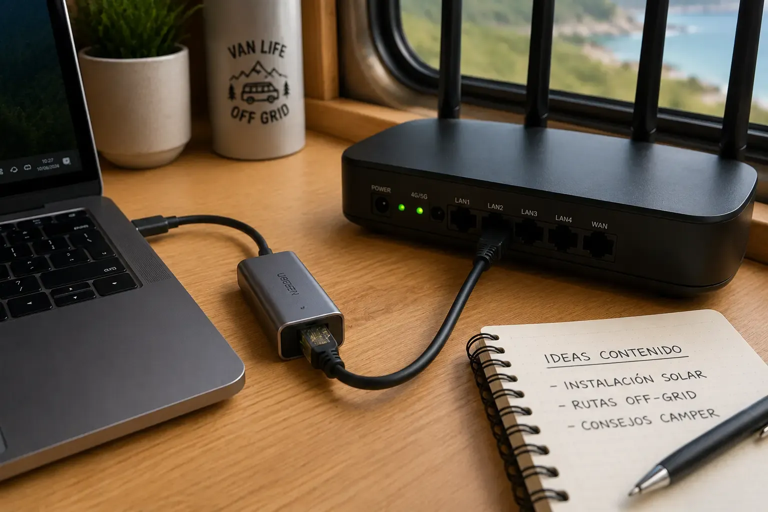 Dongle USB‑C a Ethernet conectado a un router en la mesa de trabajo de una furgoneta