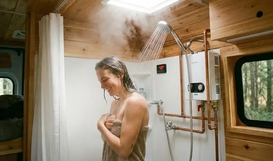 Persona duchándose en una furgoneta camper con agua caliente