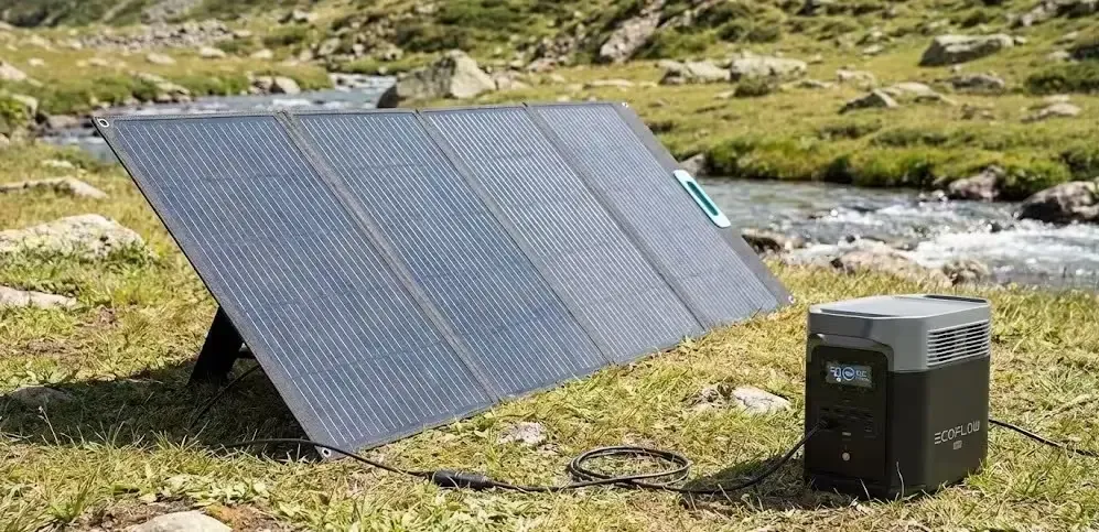 Panel Solar EcoFlow 220W Bifacial desplegado sobre suelo reflectante