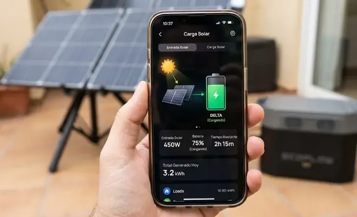 Pantalla de la app de EcoFlow mostrando carga solar en tiempo real