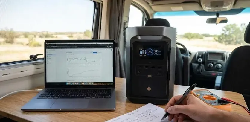 EcoFlow Delta 2 conectada a paneles solares y alimentando una furgoneta camper en la naturaleza