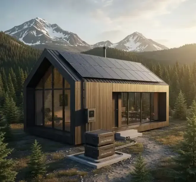 Sistema EcoFlow Delta Pro 3 con paneles de expansión en un entorno de casa aislada con conexión a Smart Home Panel