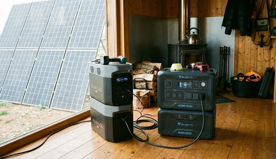 Comparativa visual EcoFlow Delta Pro vs Bluetti AC500 en una casa off-grid
