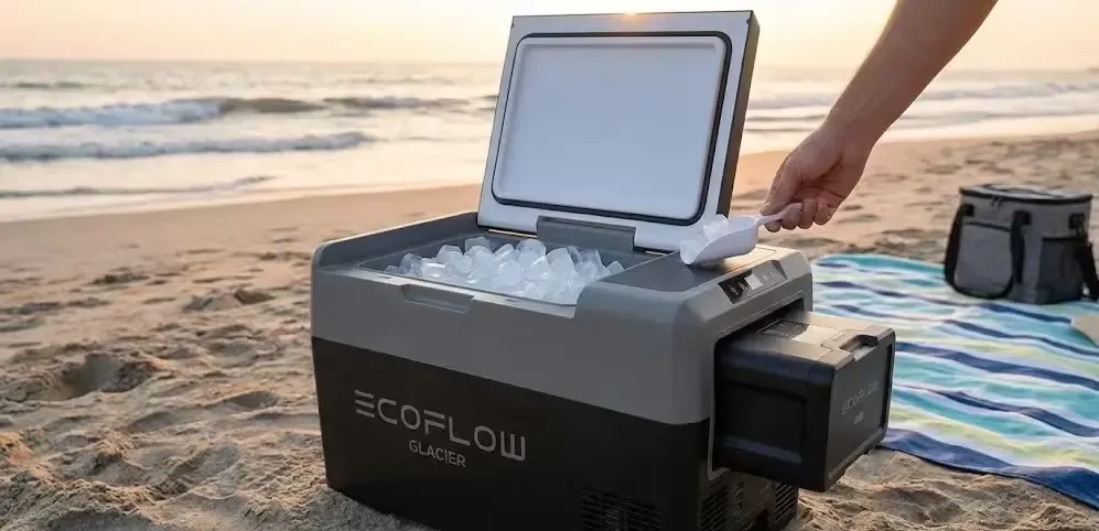 EcoFlow Glacier en la playa fabricando hielo con la batería insertable y bebidas frías