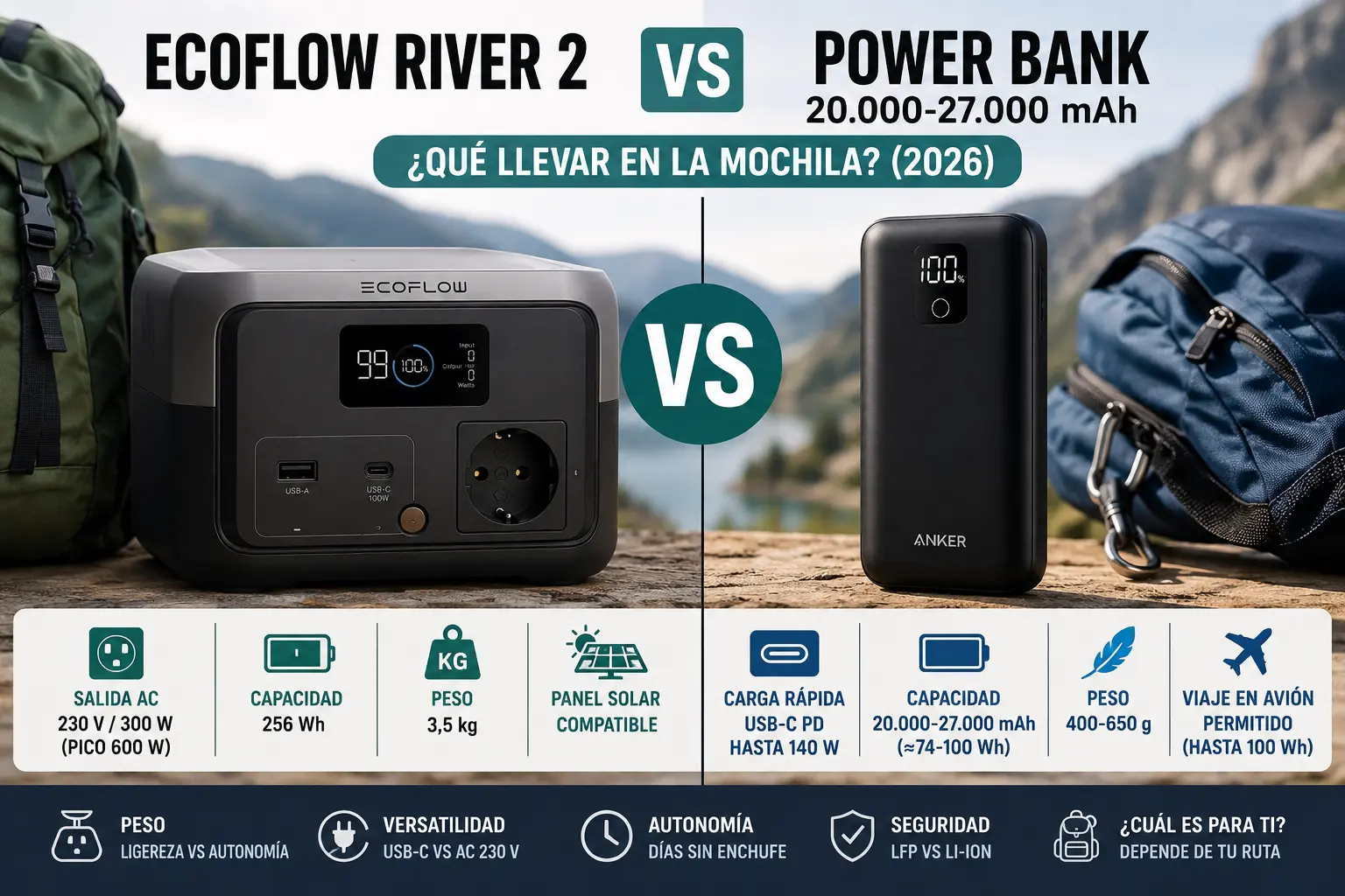 EcoFlow River 2 vs Power Bank de 20.000-27.000 mAh: ¿Qué Llevar en la Mochila? (2026)