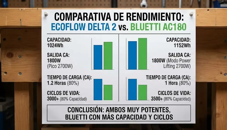 Gráfico comparativo de rendimiento entre EcoFlow Delta 2 y Bluetti AC180