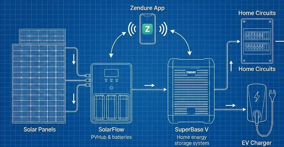 Esquema del ecosistema Zendure mostrando SolarFlow y SuperBase V conectados