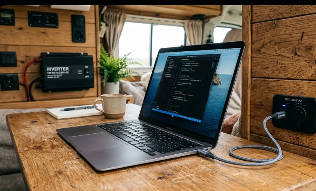 Carga tu portátil sin gastar batería de la camper. Trucos reales 2026 para teletrabajar off-grid.