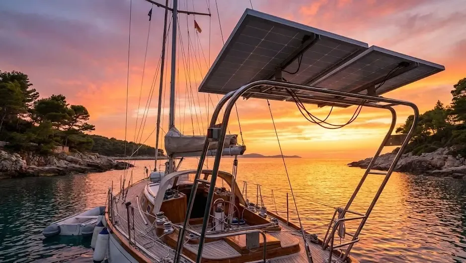 Velero fondeado en una cala al atardecer con paneles solares rígidos instalados en el arco de popa generando energía