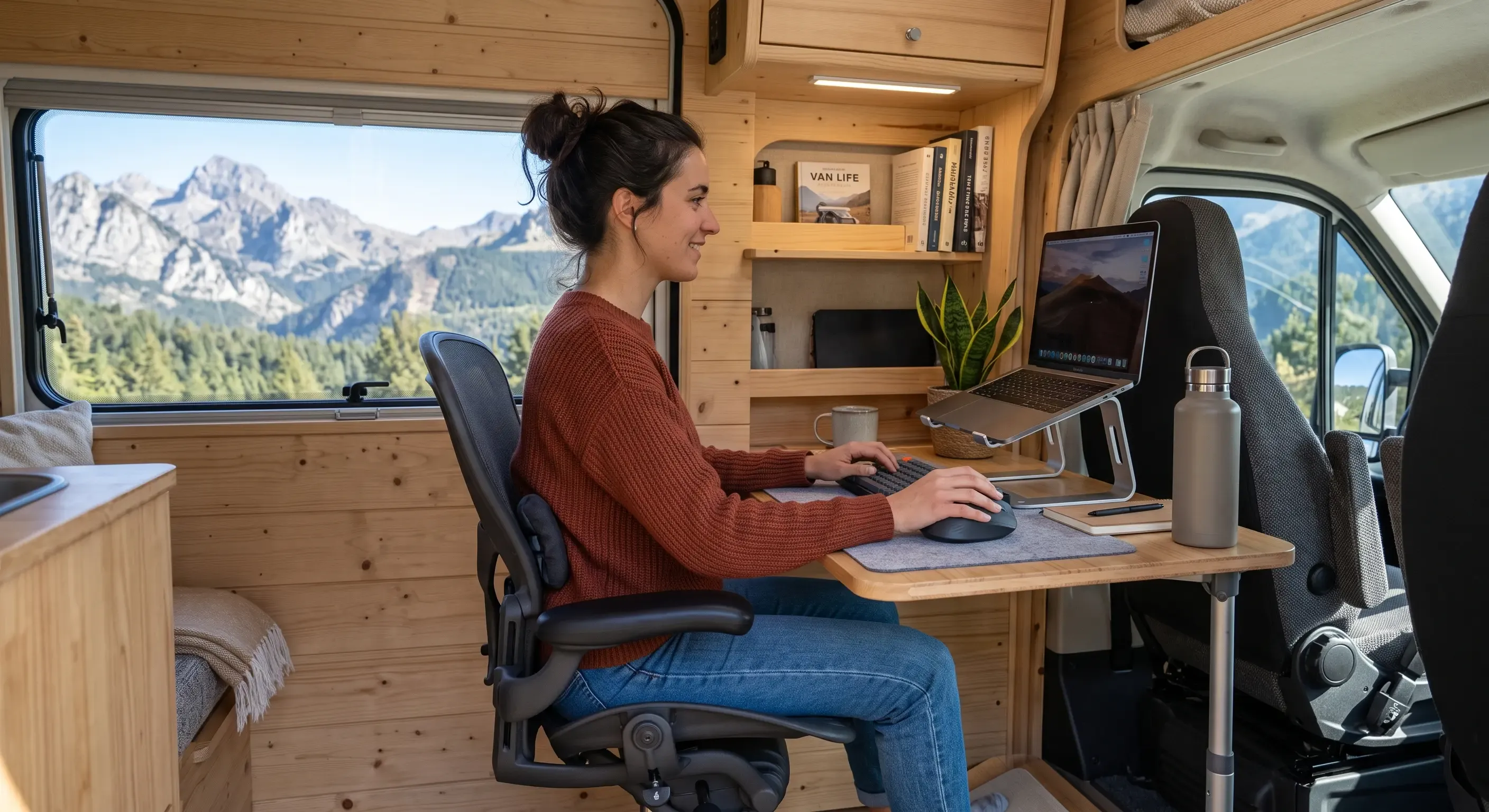 Soporte elevador de portátil y postura correcta en furgoneta camper: pantalla a la altura de los ojos y silla con apoyo lumbar