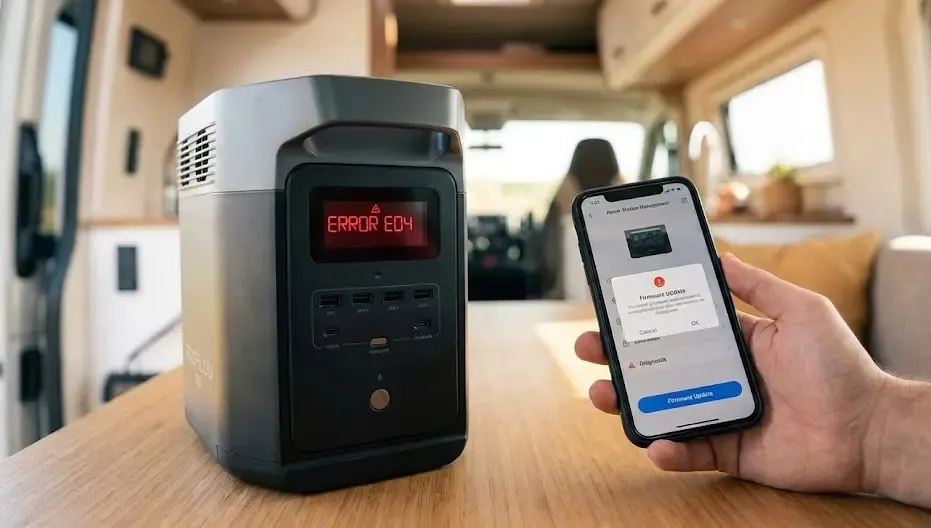 Pantalla de una estación de energía portátil mostrando un código de error y una luz roja de advertencia junto a un smartphone con la aplicación de diagnóstico abierta.