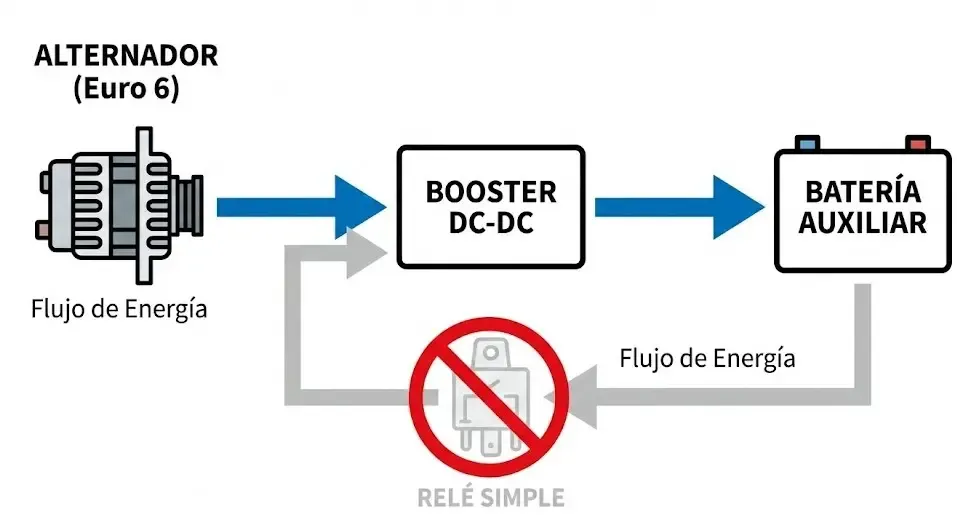 Esquema eléctrico simplificado para furgonetas camper modernas. Muestra el flujo de energía correcto: del Alternador al Booster DC-DC y de ahí a la Batería Auxiliar. Se muestra un icono de prohibido sobre un relé separador antiguo, indicando que no es apto para alternadores inteligentes.