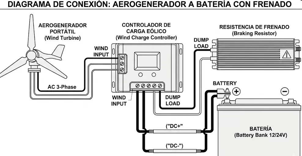 Diagrama técnico que muestra la conexión correcta de un aerogenerador portátil pasando por un controlador de carga eólico y una resistencia de frenado antes de llegar a la batería