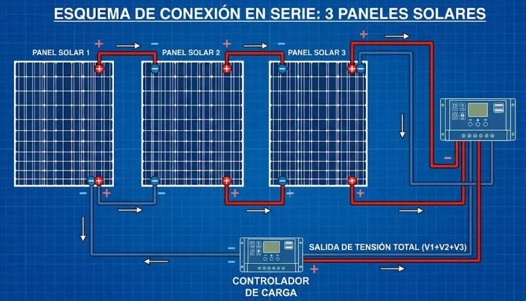 Esquema técnico que ilustra la conexión en serie de tres paneles solares uniendo el polo positivo con el negativo secuencialmente
