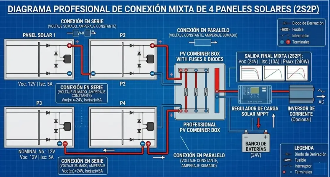 Diagrama profesional que ilustra la conexión mixta de 4 paneles solares formando dos cadenas en serie conectadas finalmente en paralelo