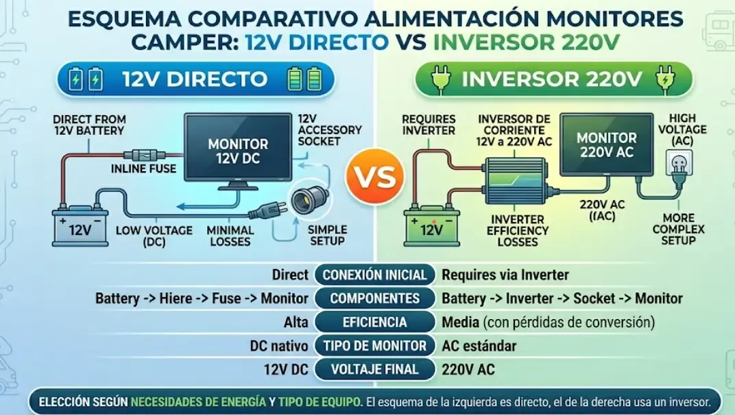 Esquema comparativo alimentación monitor 12V directo vs inversor 220V camper
