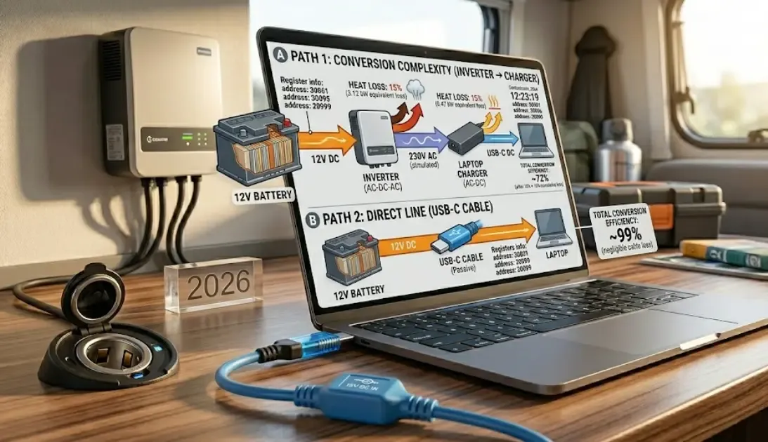 Infografía visual que muestra cómo la energía de una batería de 12V pasa por un inversor perdiendo un 15% en calor, luego por un cargador de portátil perdiendo otro 15% en calor, frente a la línea directa de un cable USB-C.