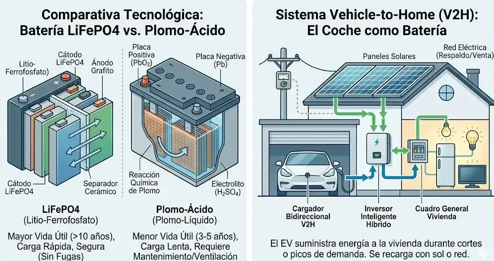 Infografía explicativa del flujo de energía bidireccional entre un coche eléctrico y una vivienda (tecnología V2H), mostrando cómo el vehículo actúa como batería de respaldo para el hogar.