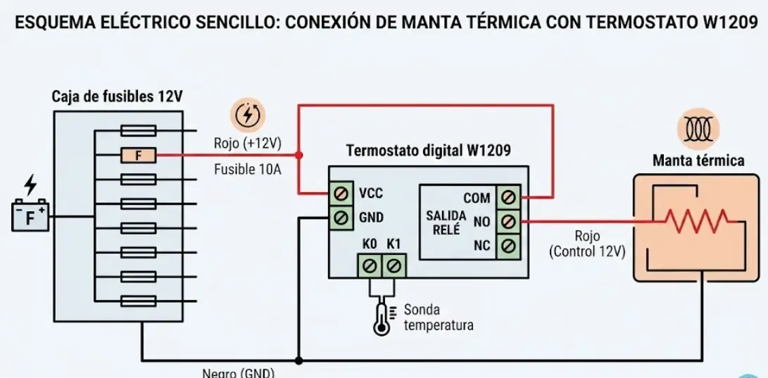Esquema eléctrico sencillo mostrando la conexión desde la caja de fusibles 12V hacia el termostato digital W1209 y finalmente a la manta térmica