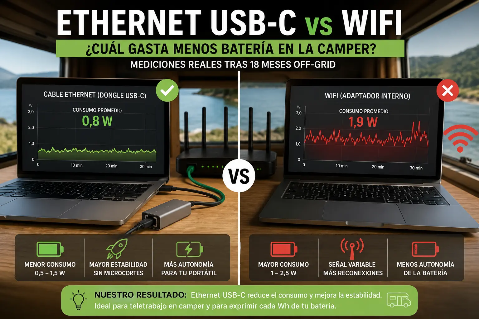 Cable Ethernet (Dongle USB-C) vs WiFi en la Camper: ¿Cuál Gasta Menos Batería? (2026)