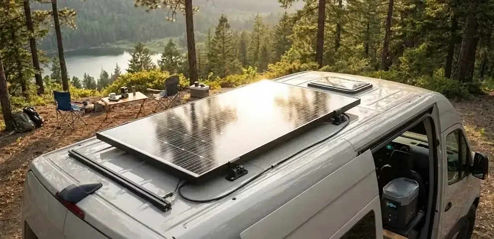 Panel solar rígido instalado en techo de furgoneta camper