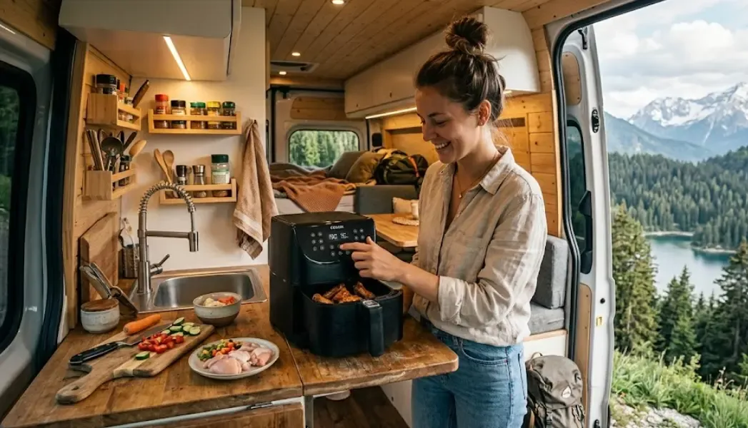 Persona cocinando con una freidora de aire compacta dentro de una furgoneta camper moderna con vistas a la naturaleza