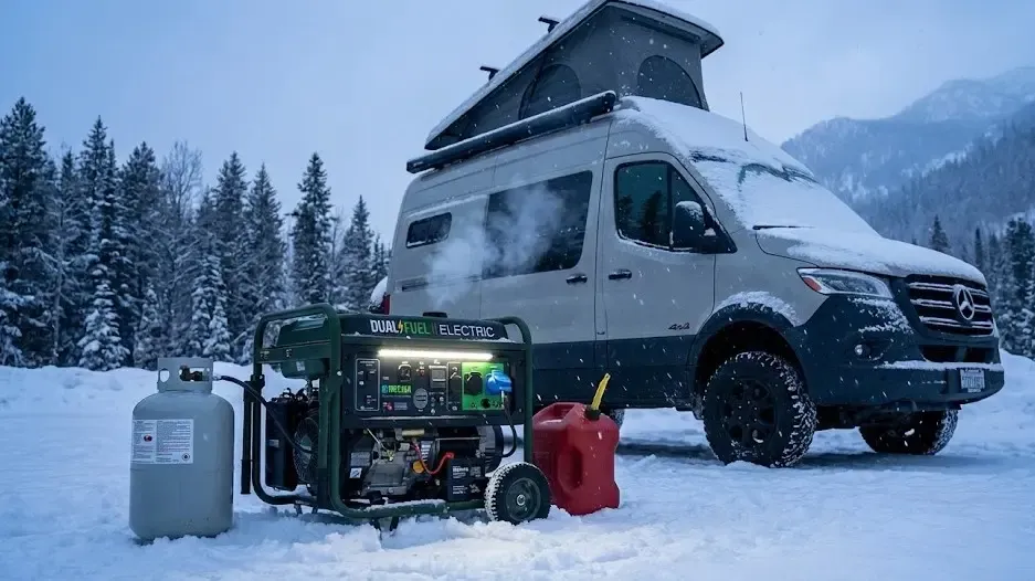 Generador eléctrico dual fuel funcionando en la nieve junto a una furgoneta camper
