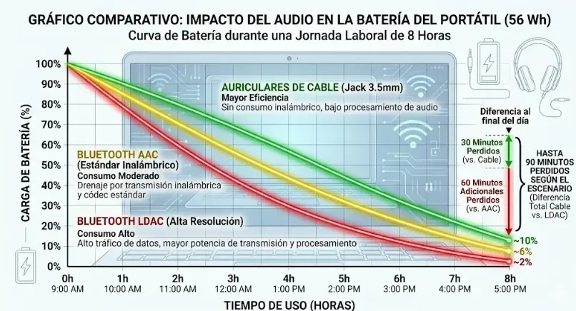 Gráfico comparativo: curva de batería de un portátil de 56 Wh durante una jornada de 8 horas usando auriculares de cable (verde), Bluetooth AAC (amarillo) y Bluetooth LDAC (rojo). La diferencia al final del día alcanza entre 30 y 90 minutos perdidos según el escenario.