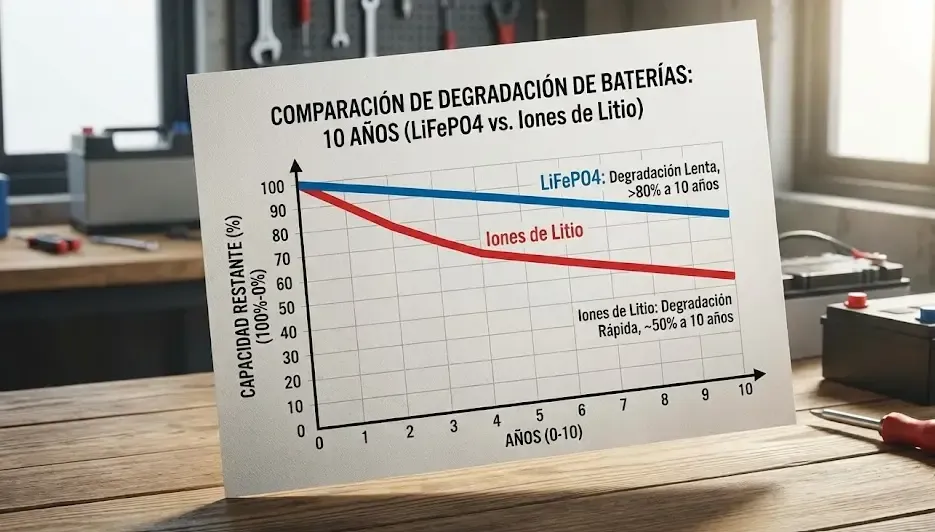Gráfico visual comparando la degradación de una batería LiFePO4 frente a una de iones de litio tradicional a lo largo de 10 años