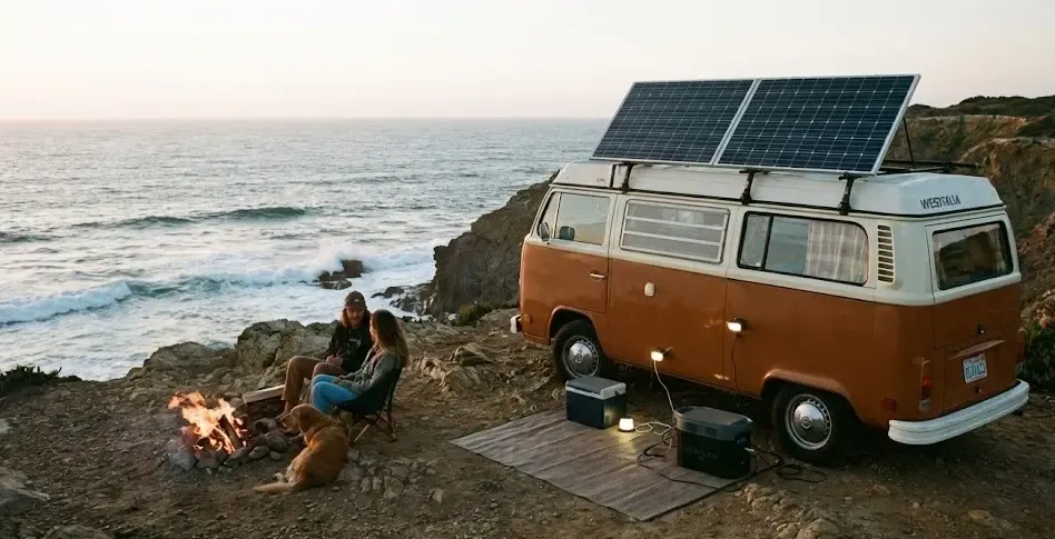 Furgoneta camper con paneles solares y estación de energía portátil frente al mar