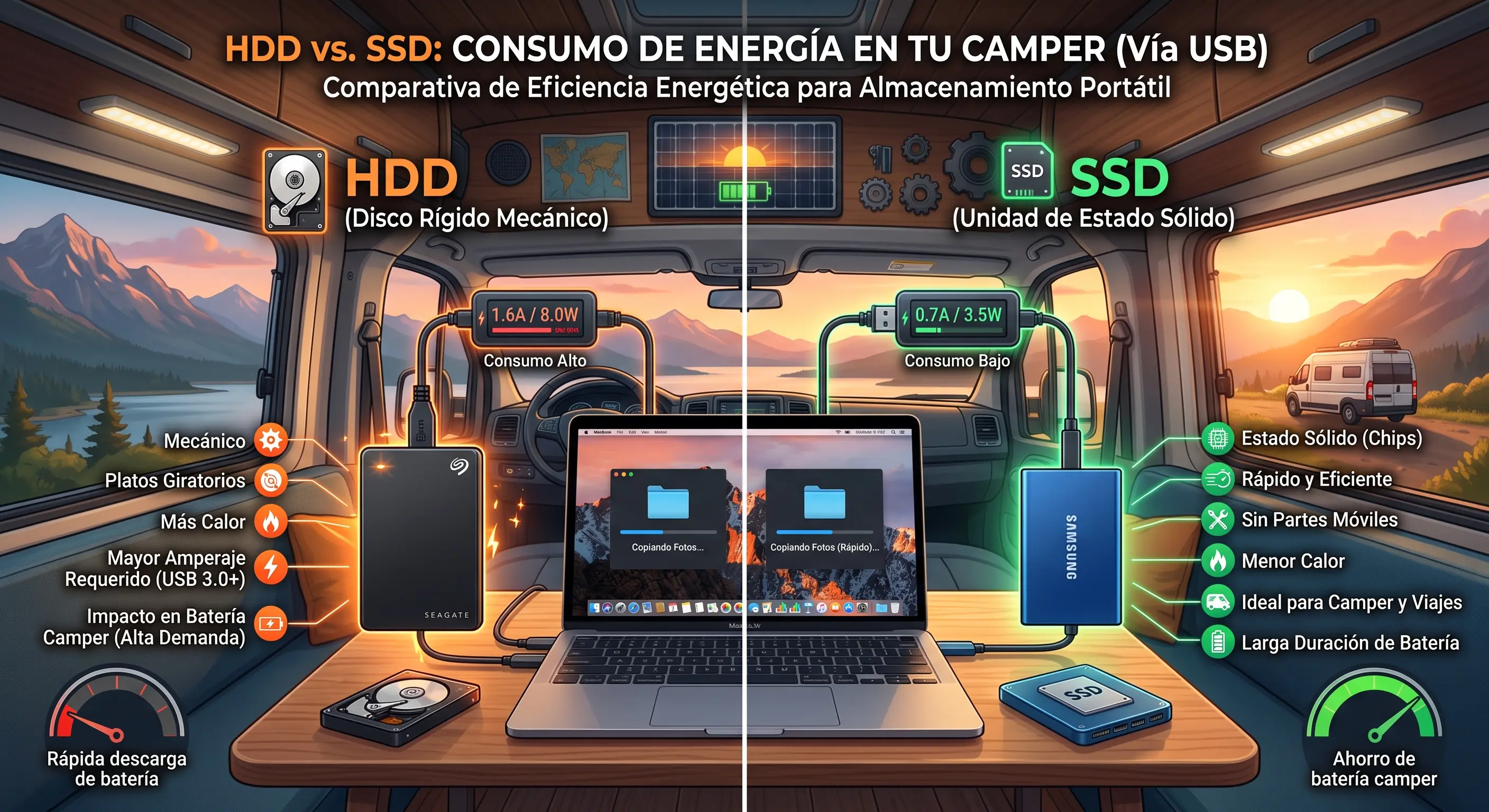 HDD vs SSD Externo: Cuál Consume Menos por USB en tu Camper (2026)