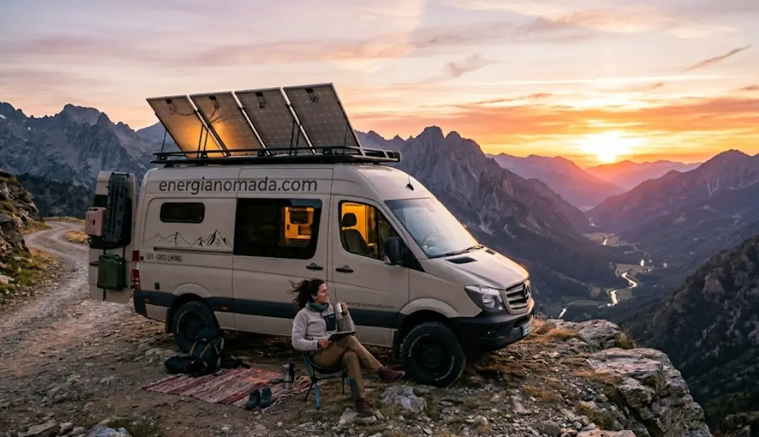 Furgoneta camper con paneles solares y estación de energía en plena naturaleza