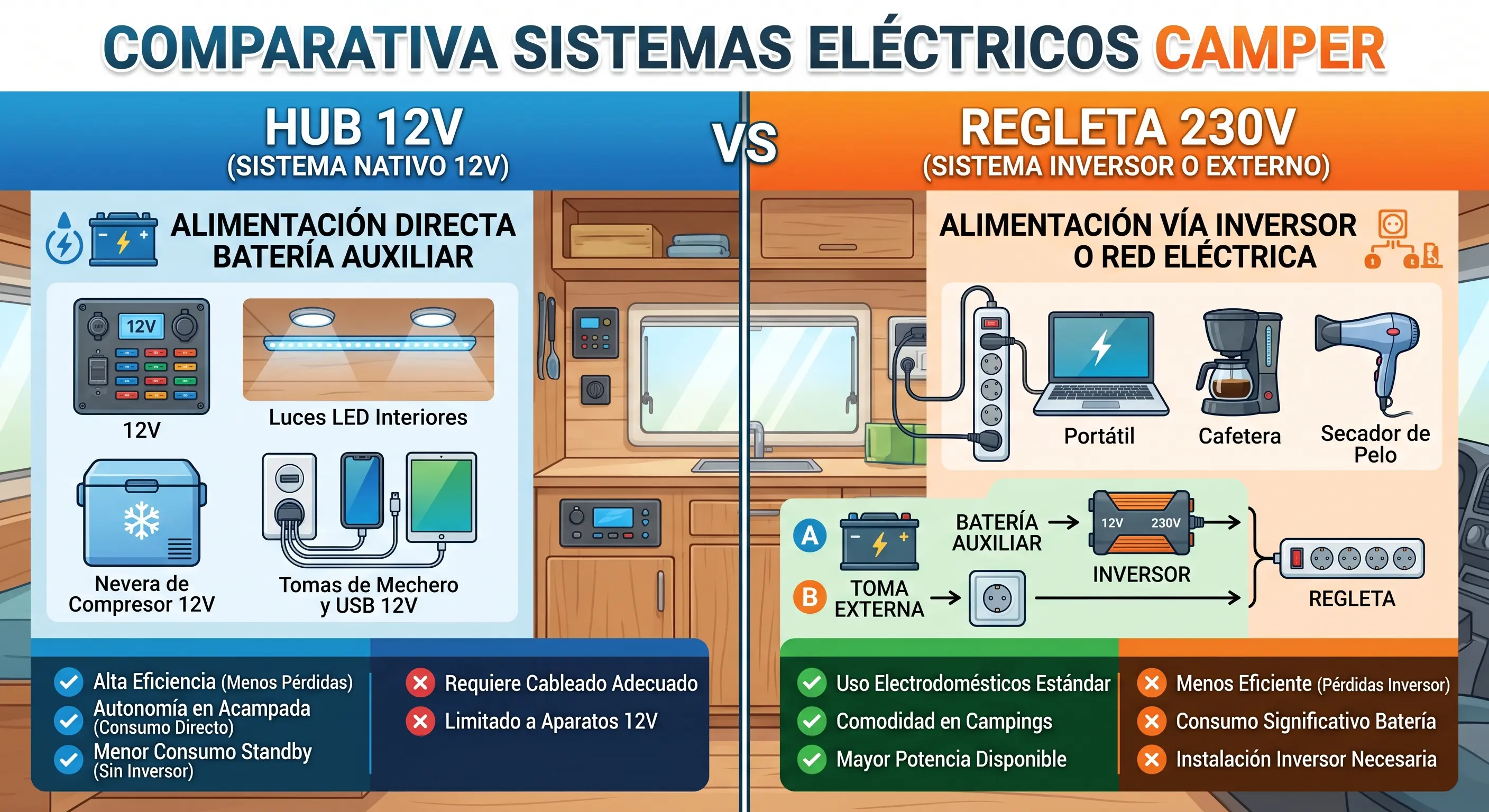 Hub de mechero 12V vs regleta 230V en camper: qué usar para cada aparato (2026)