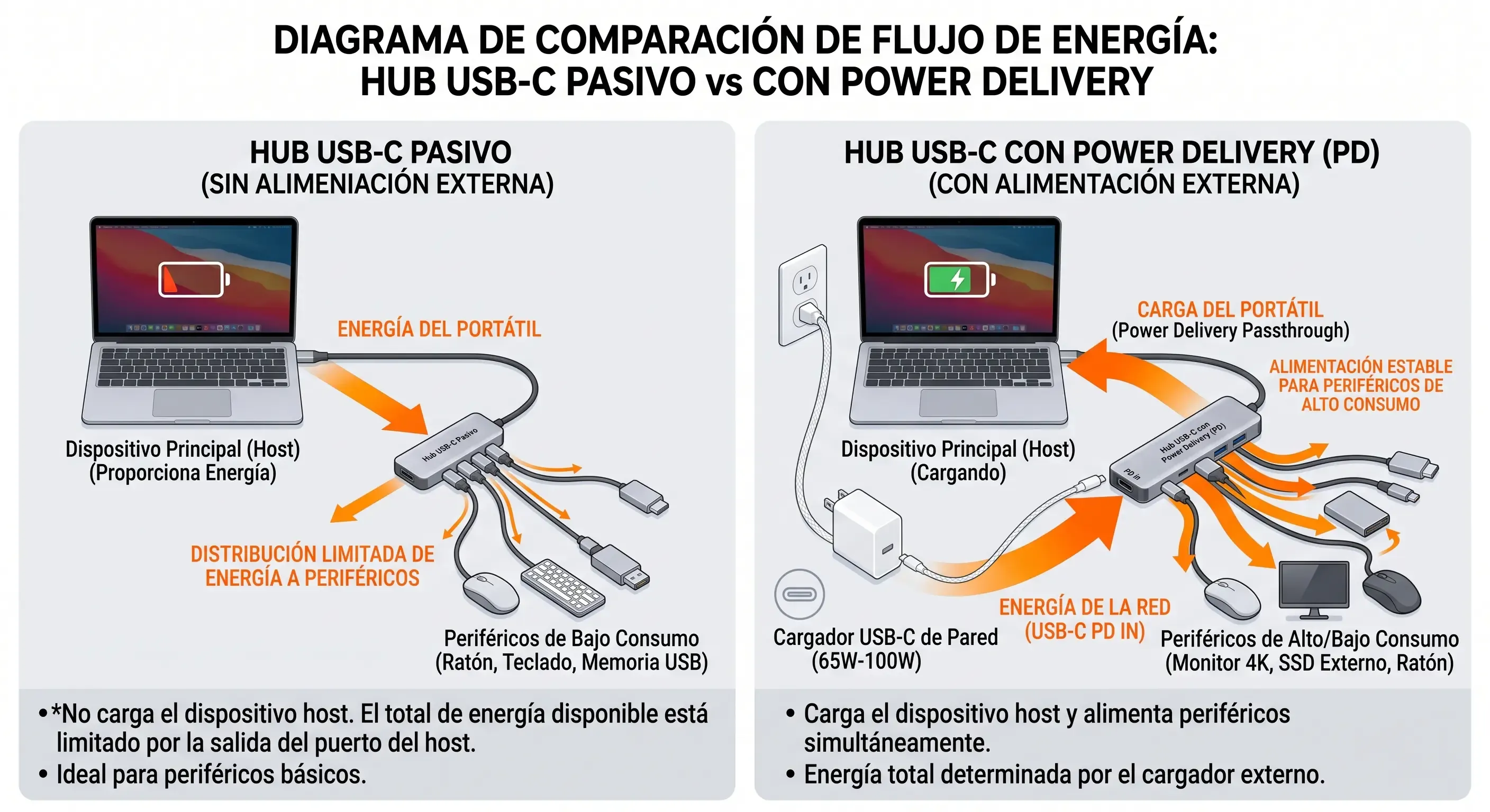 Diagrama visual del flujo de energía en hub pasivo y hub con Power Delivery