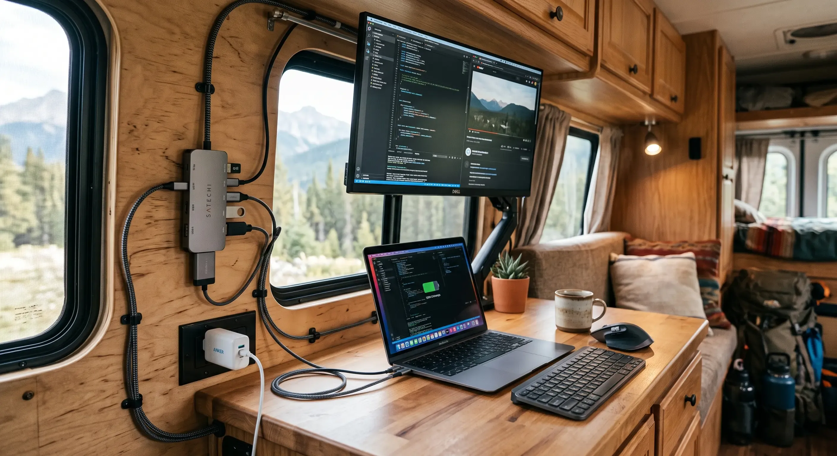 Hub USB-C con Power Delivery instalado en una furgoneta camper, conectado a cargador externo y monitor