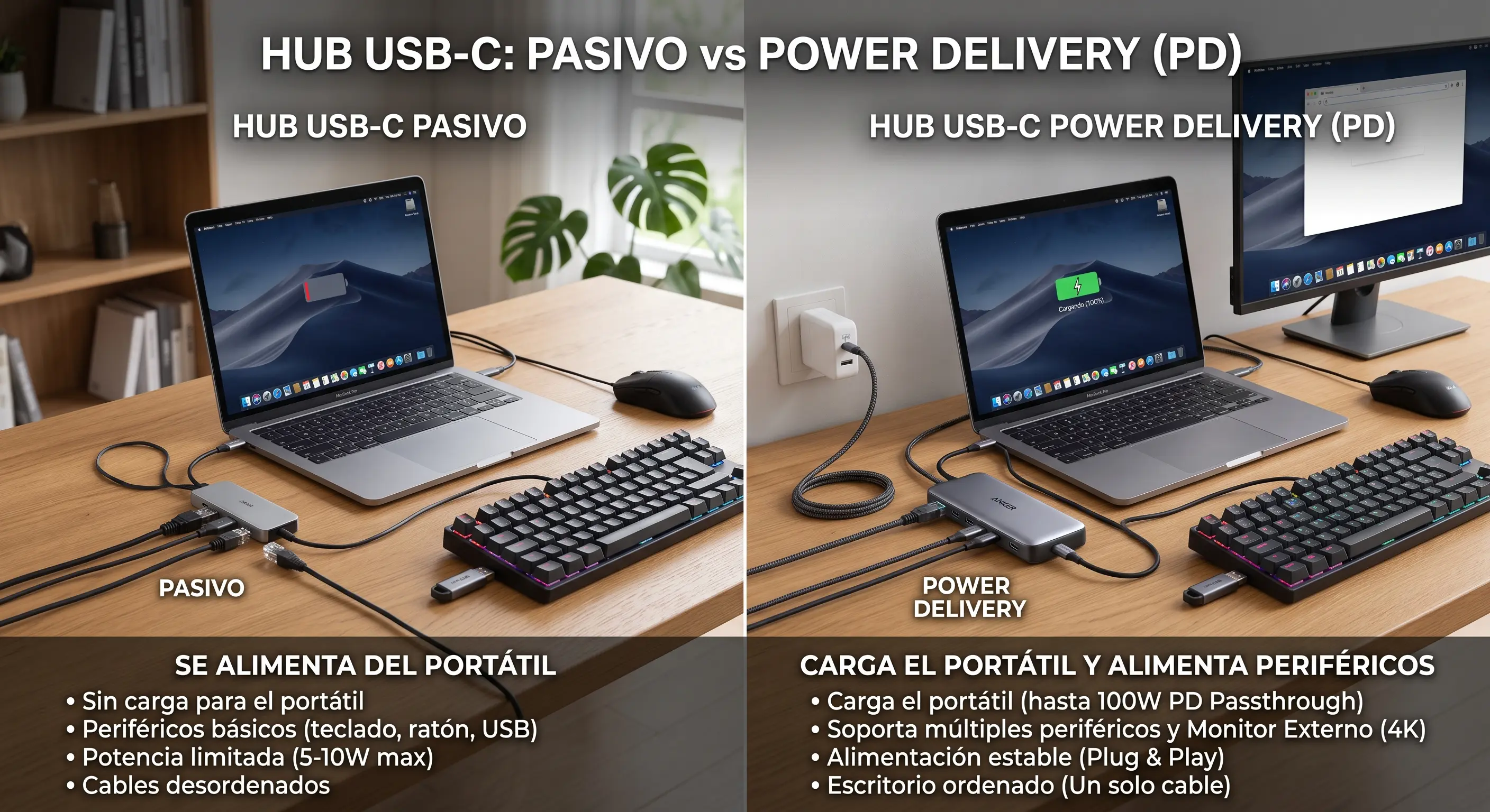 Hub USB-C con Power Delivery vs. Pasivo: Diferencias y cuál necesitas en 2026