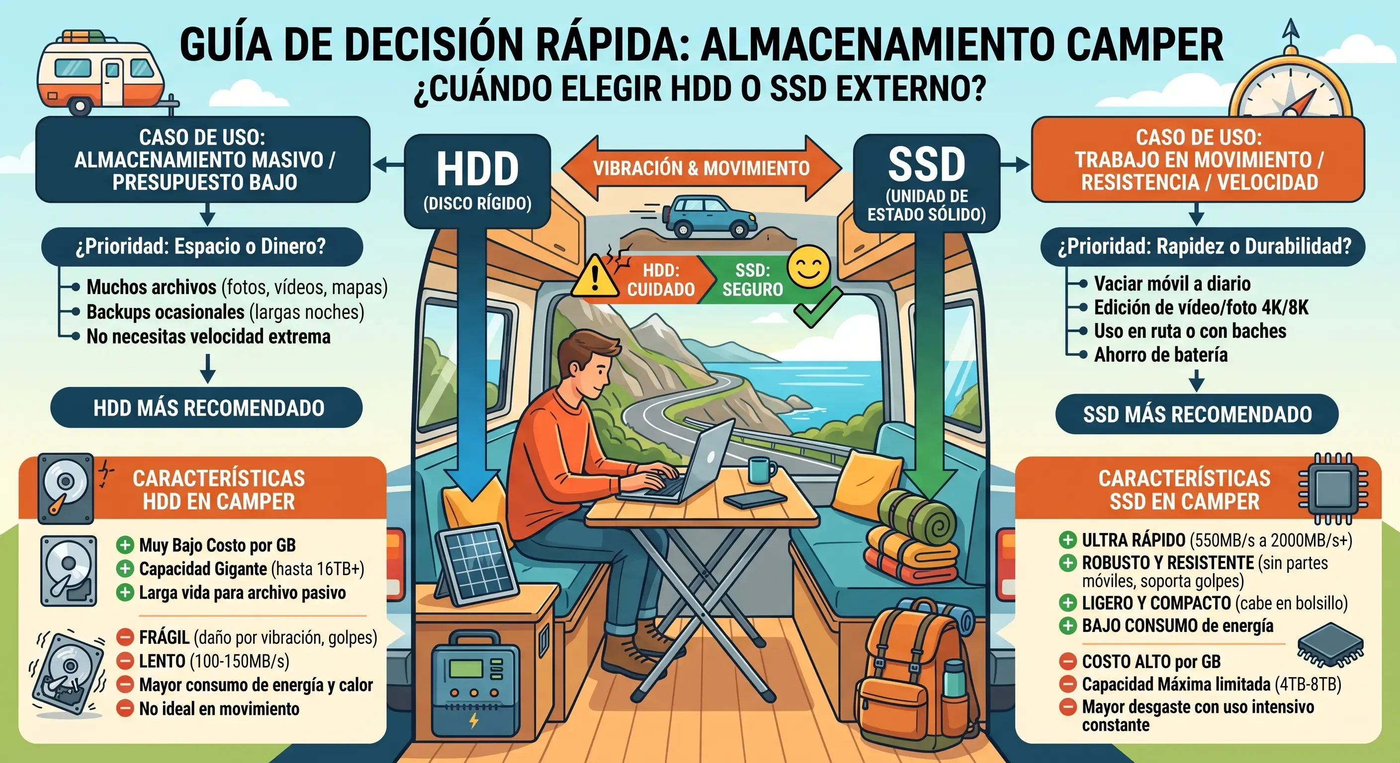Infografía de decisión rápida: cuándo elegir HDD o SSD externo según tu caso de uso en camper