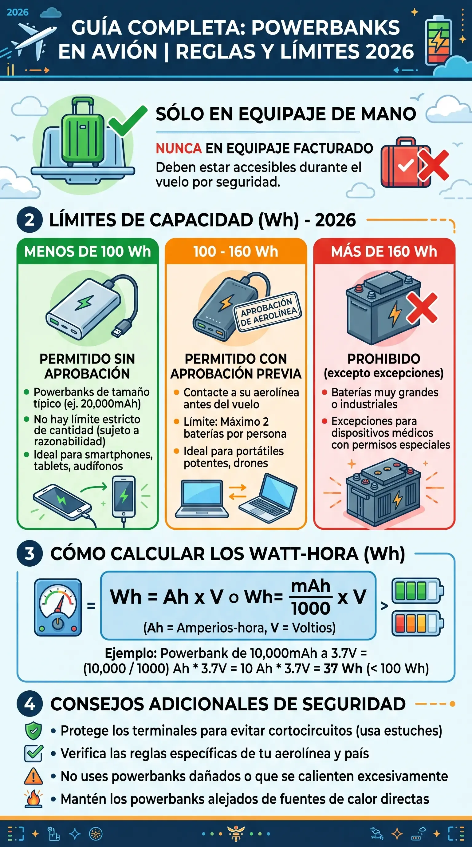 Infografía con los límites de Wh y reglas para llevar powerbanks en avión en 2026