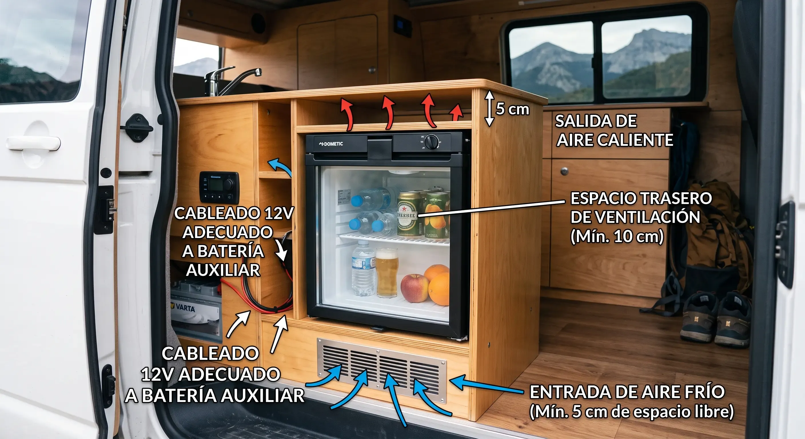 Instalación correcta de nevera de compresor con espacio de ventilación en mueble camper