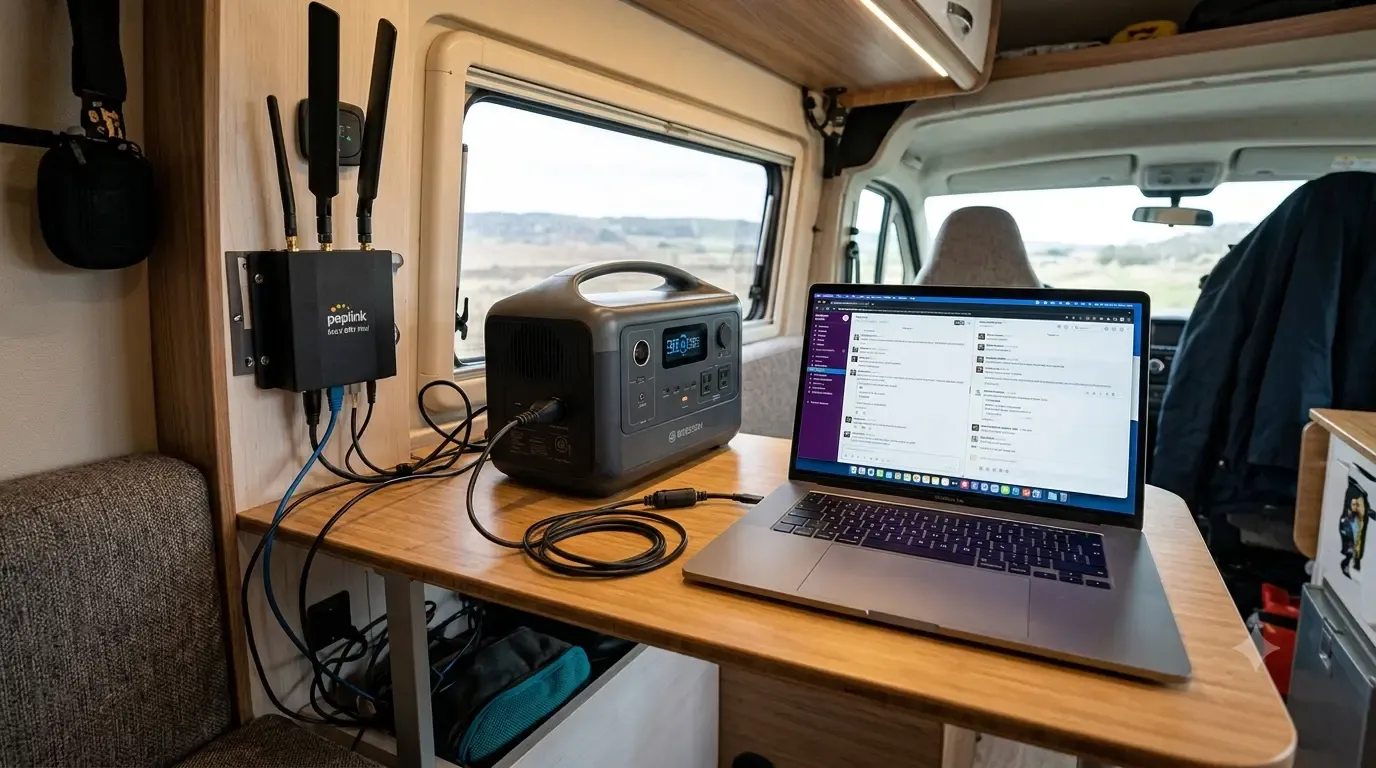 Configuración completa de nómada digital con router industrial Peplink MAX BR1 Mini 12V, estación de energía y portátil alimentado a 12V en camper