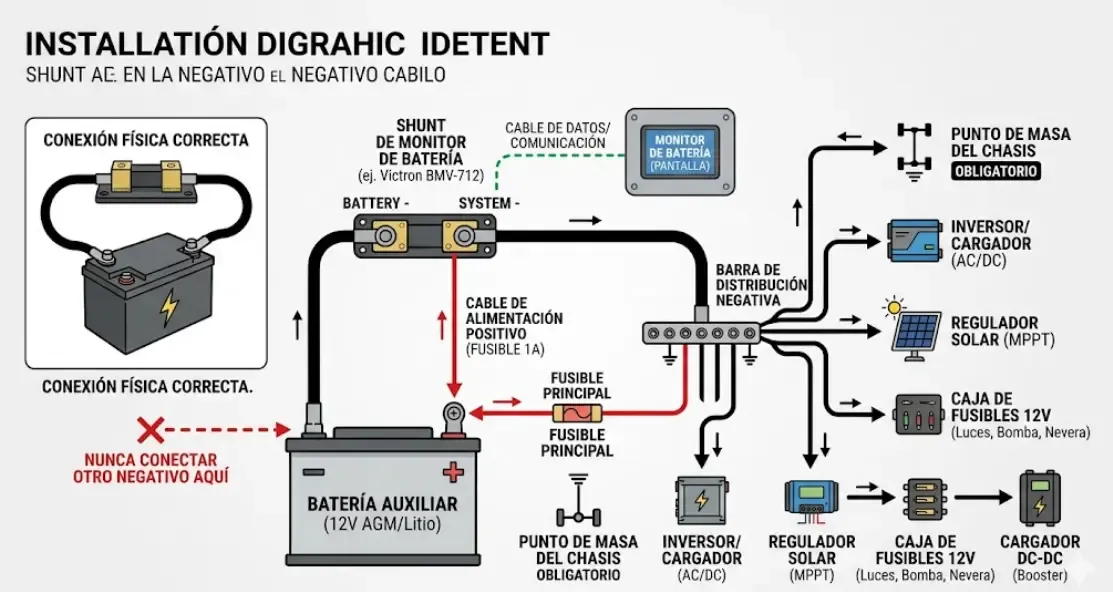 Diagrama de instalación del shunt en el cable negativo de la batería de una furgoneta camper