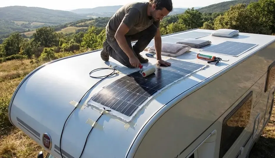 Instalación de paneles solares flexibles en el techo de una furgoneta camper