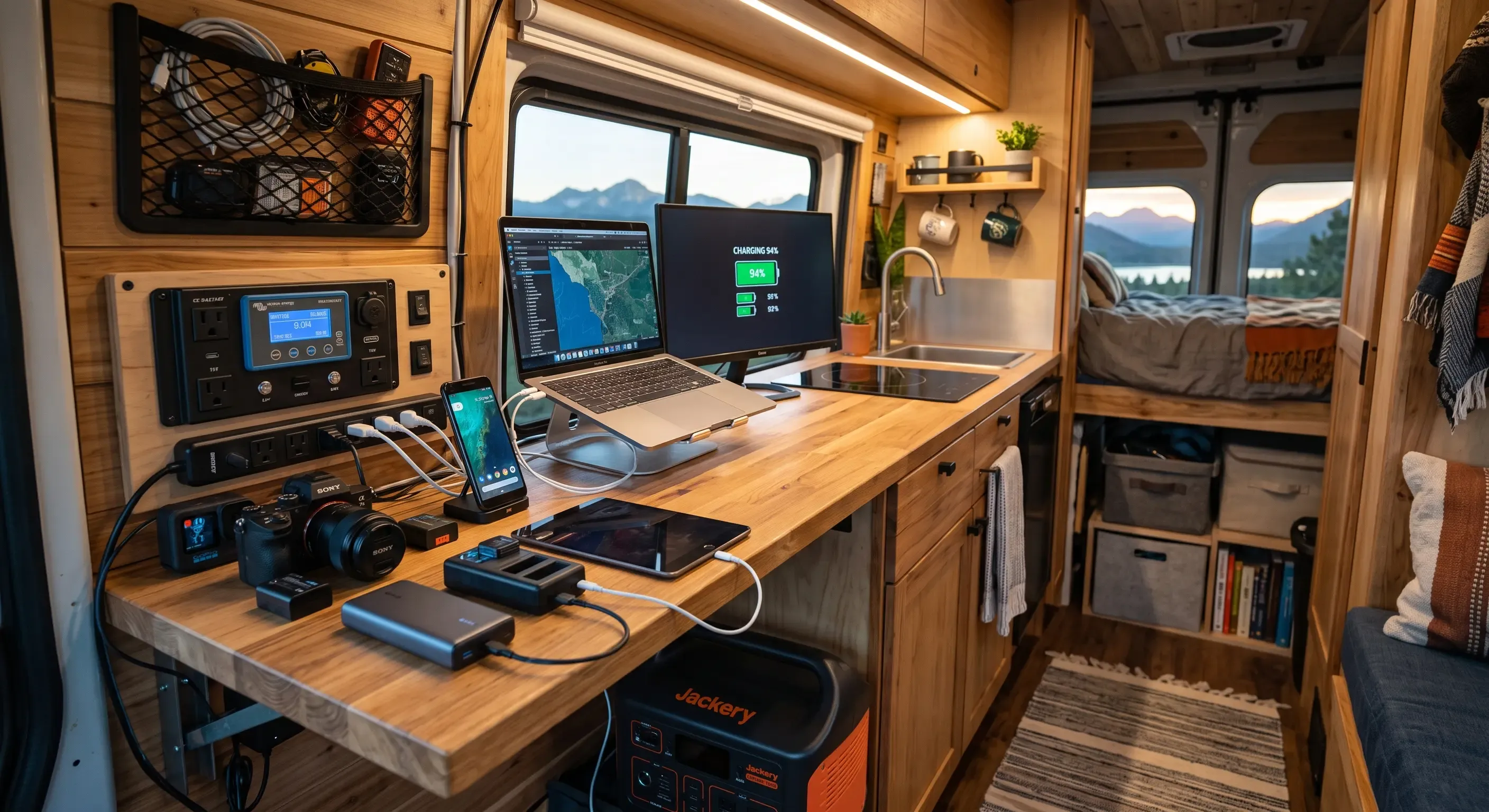 Interior de furgoneta camper con zona de carga y dispositivos electrónicos conectados