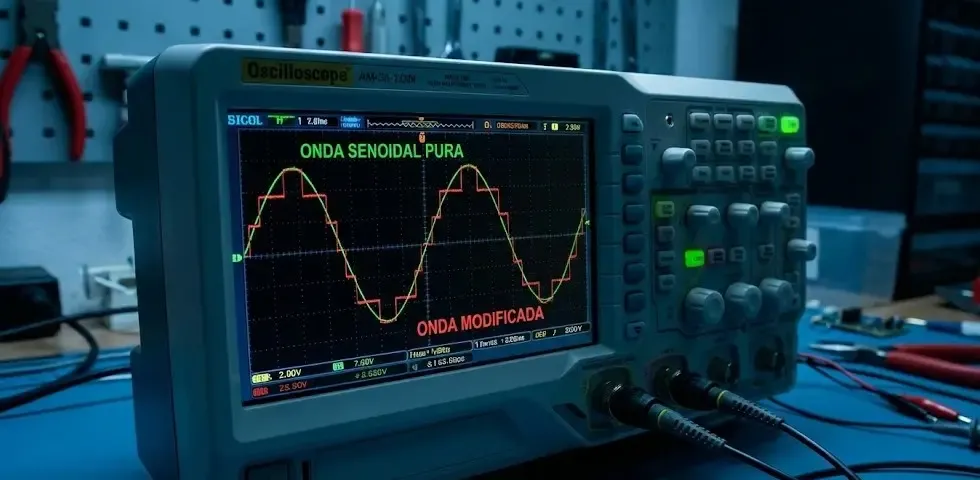 Gráfico comparando la onda senoidal pura y la onda modificada en un osciloscopio